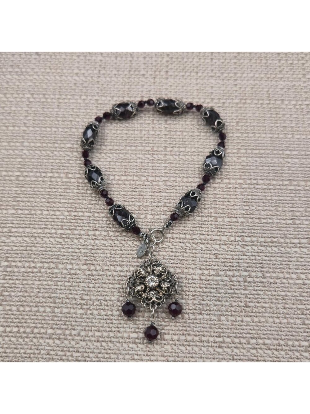 8.5 Inch Sterling Silver Victorian Revival Rough Garnet Bracelet A7472